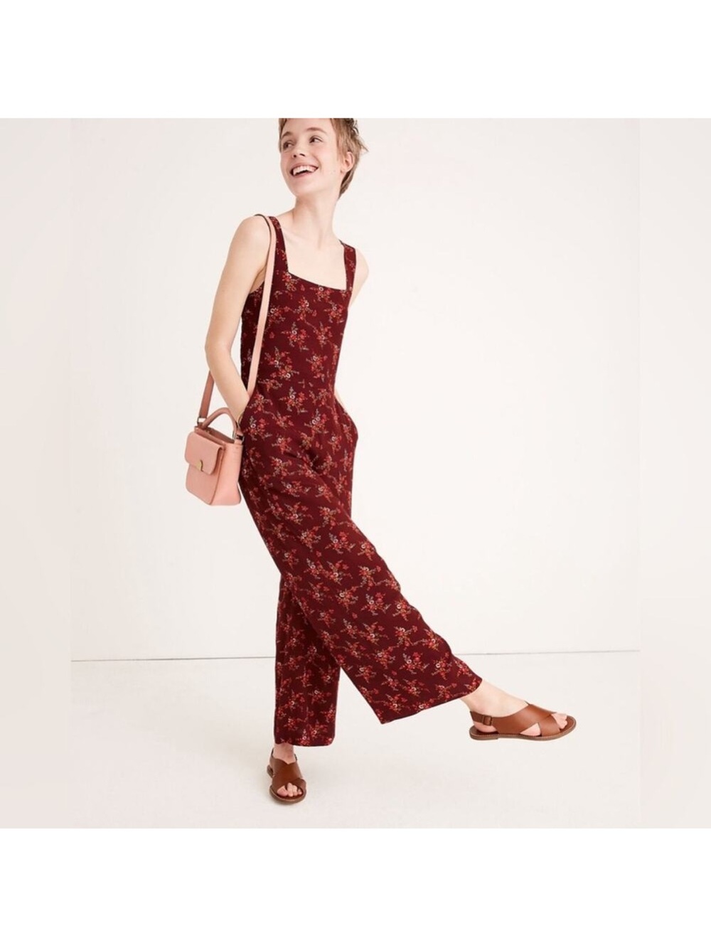 Madewell Burgundy Floral Apron Front Tieback Jumpsuit